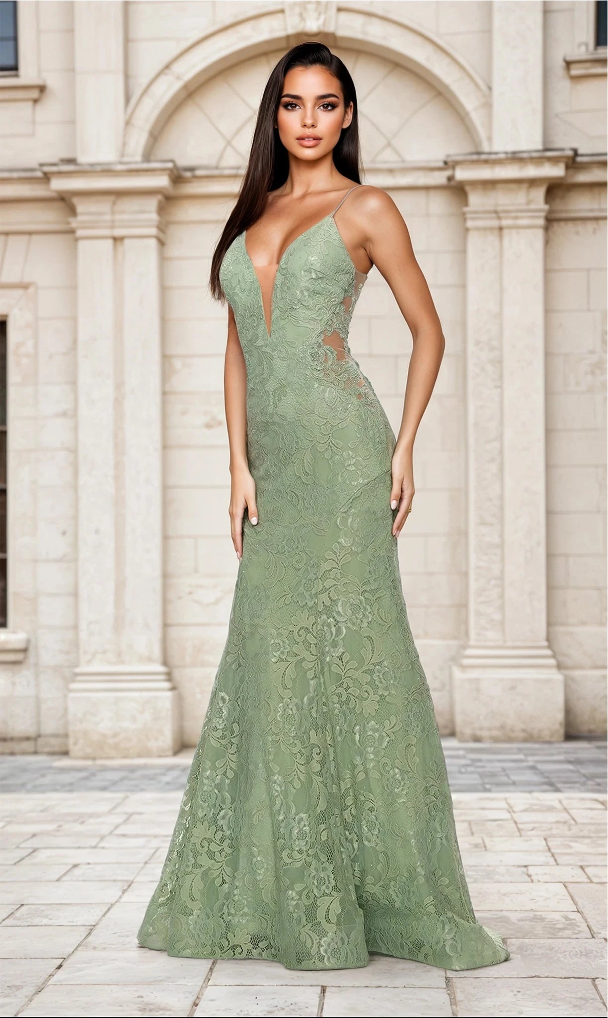 A woman poses gracefully outdoors in the sage La Femme 31512 Long Lace Mermaid Prom Dress, featuring a sleeveless floor-length design, deep V neckline, side cutouts, and elegant backless detail before a stone building with arched windows.